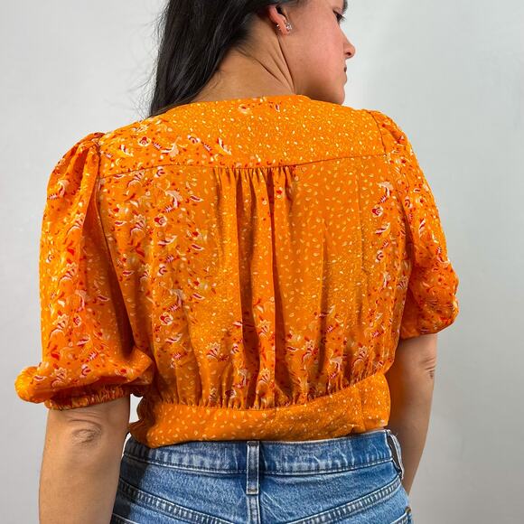 Joie Orange Cropped Tie Button Front Half Sleeve Floral Blouse - Picture 4 of 7